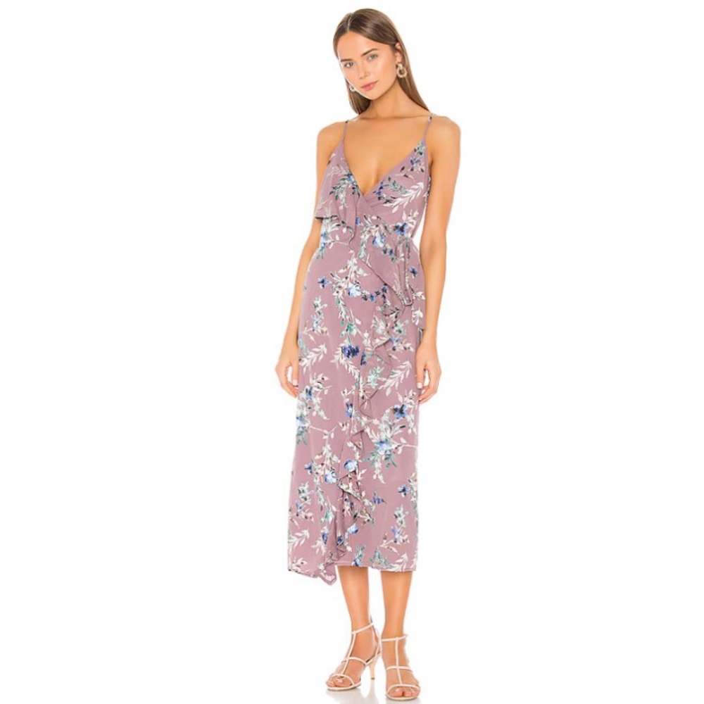 Tularosa Selena Midi Wrap Dress Mauve Floral Purple Ruffle Revolve